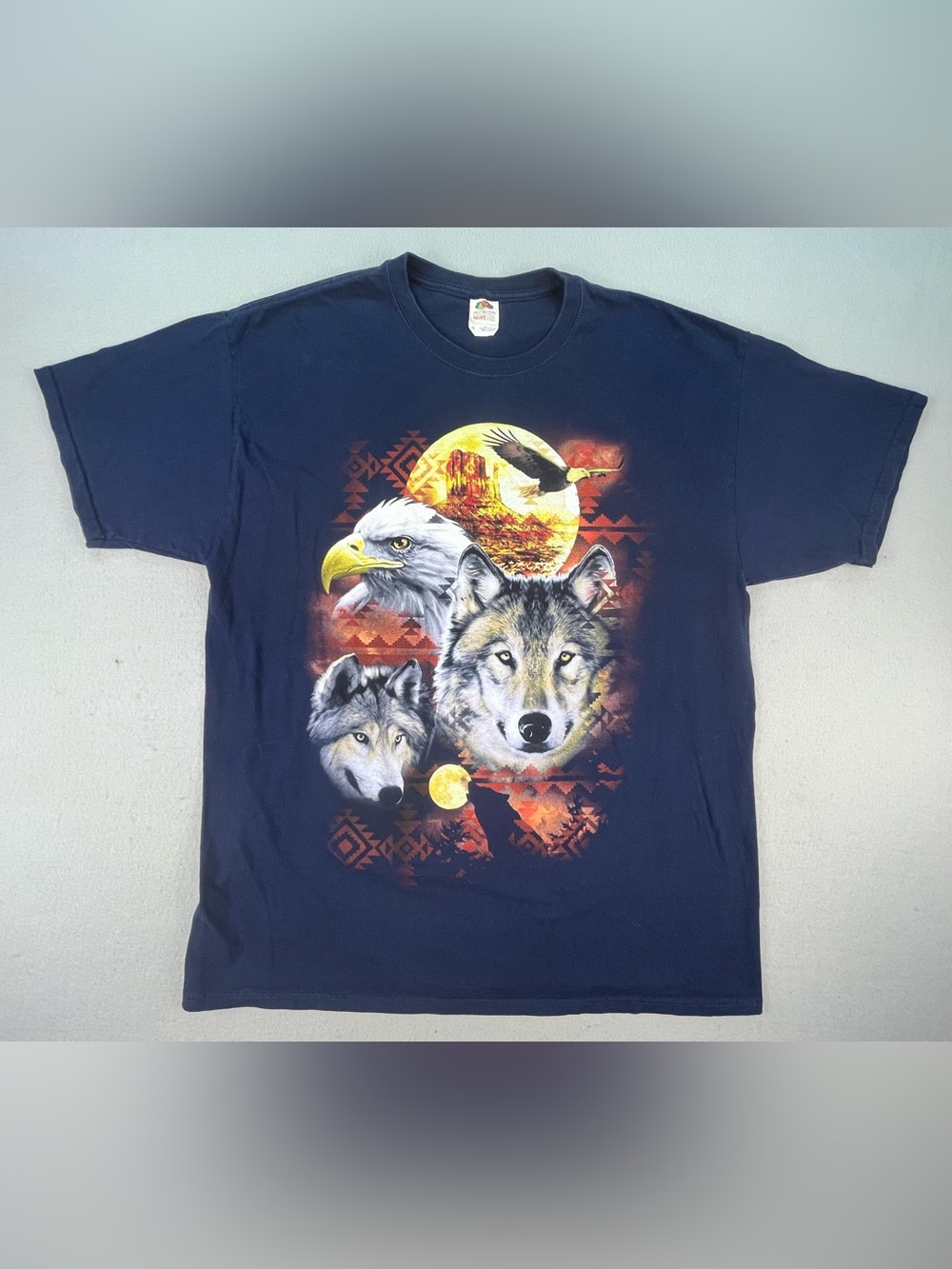 Vintage Y2K Aztec Eagle Wolf Moon  Graphic Blue Shirt Size XL